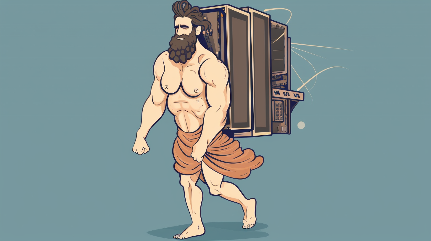 Greek God Atlas carrying computer parts.